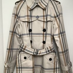 Coach Womens Tattersall Short Trench Coat Size XXS, Stone Multi Plaid