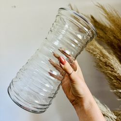 VINTAGE Clear Glass Strip Floral Flower Tall Vase Kitchen Gadget Storage Display