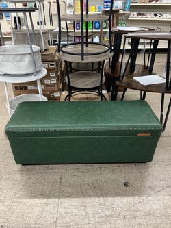 VASAGLE 43" Leather Storage Ottoman Bench Mid-Century w/ Stitching - Green