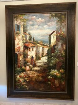 Framed Mediterranean Village Oil Painting