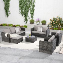 6 Piece Patio Furniture Set,Outdoor Wicker Rattan Sofa Conversation Set All Weather Patio Sectional Sofa Set with Glass Table, Cushions and Pillows fo