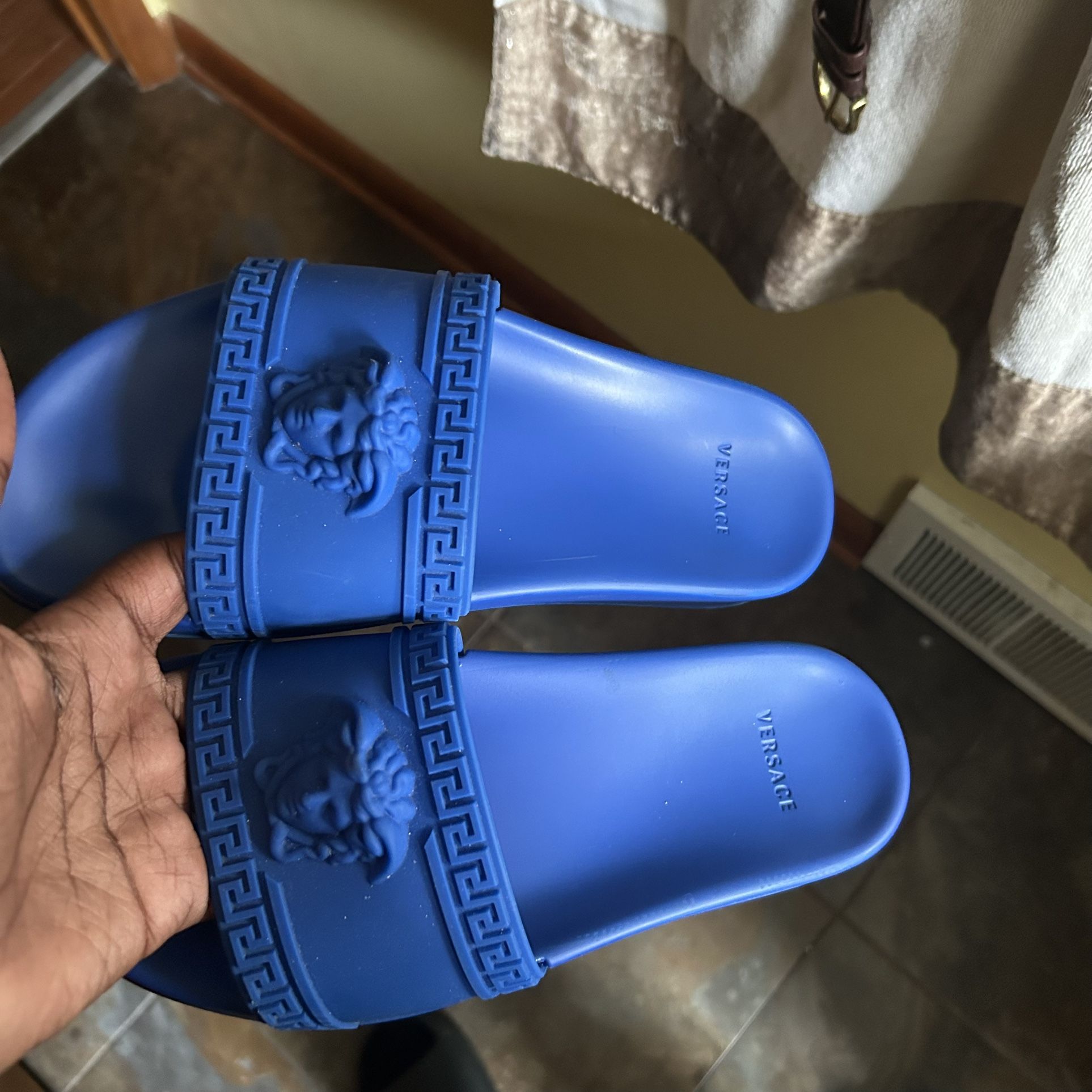 blue versace slides