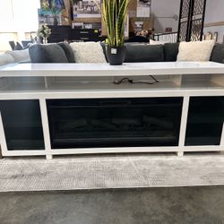 Modern White TV Stand with Electric Fireplace and Storage