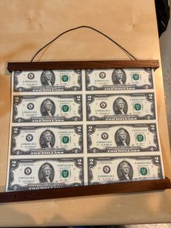 Uncut Sheet of 8 US $2 Bills Framed