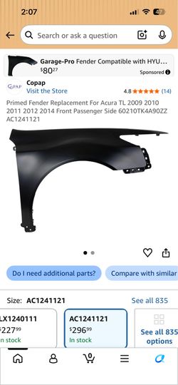 Passenger fender Acura 2012 TL