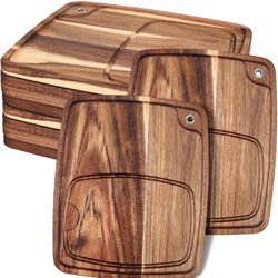 Uiifan 10 Pcs Steak Plates with Juice Channel Wooden Steak Board Set Acacia Cutting Serving Board for Home Serving Eating Meat Dishes Snack Dessert, 1