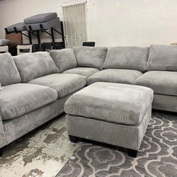 New 6 Piece Modular Sectional.  Grey Flannelette.  99” X 99”.  Free Delivery!