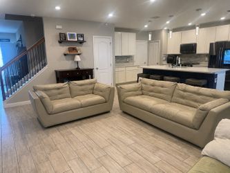 Cream Genuine Leather Sofa and Loveseat Set Modern Comfortable Seating