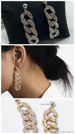 Simple crystal hip hop chain gold drop earrings, Silver and Gold (Set of 2)