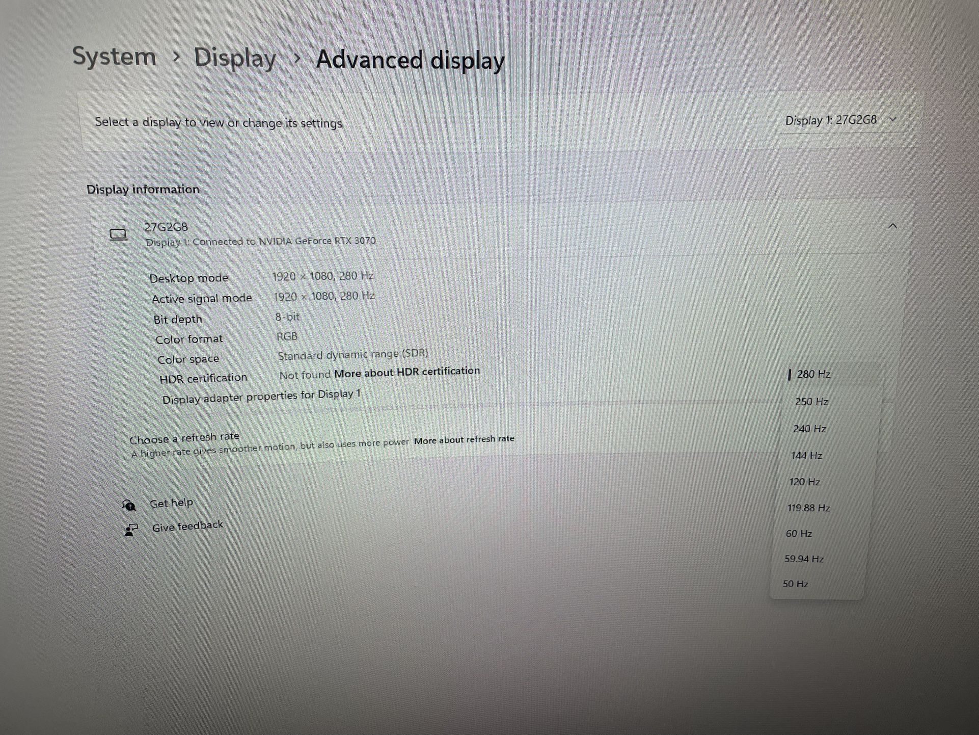 280 Hz 27 Inch Curved Gaming monitor 0.5ms Reaction Time
