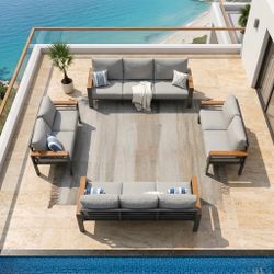 10 seats Black Aluminum Patio Seating Set with Comfortable Light Gray Cushions