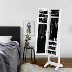 Homy Casa Godric Standing Jewelry Armoire with Full Length Mirror Lockable Jewelry Storage Cabinet White