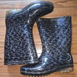 Black Leopard Print Rubber Mid Shaft Rain Boots Women's 10 – $13