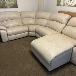 White Cream Colored Leather Couch With Reclining Seat 