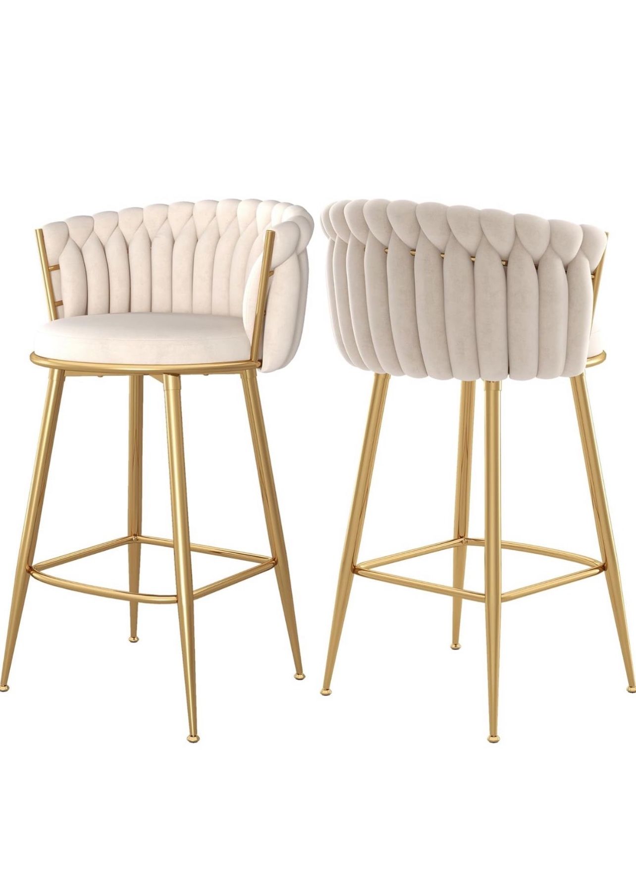 Counter Height Stools Set of 2, Velvet Bar Stools with 27 Inches Upholstered Seat Height, Handmade Woven Back Armrest, Sturdy Golden Metal Legs for Ho