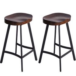 Set of 2 Industrial Bar Stool Saddle Seat-26.77 inch Counter Height Kitchen Stool-Metal and Wood Dining Stools-Set of 2,Backless,Stackable,Fully Welde