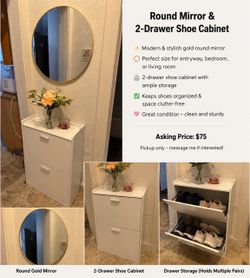 Round Gold Mirror & White 2-Drawer Shoe Cabinet