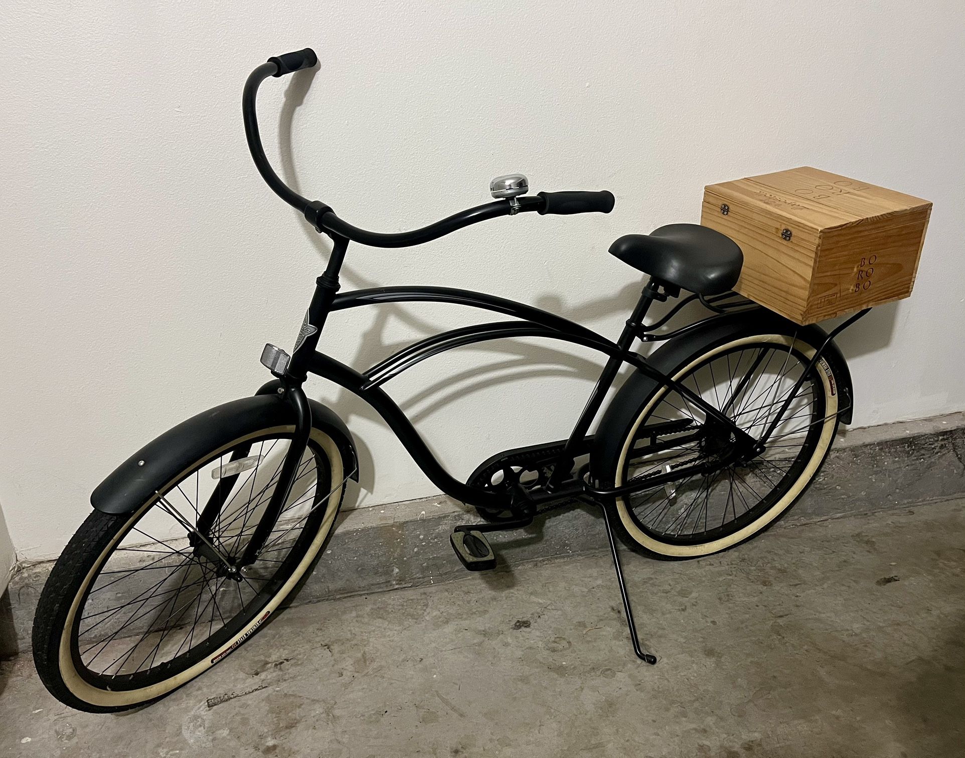 MUST GO…ELECTRA BEACH CRUISER - MATTE BLACK STEP OVER WITH LUGGAGE RACK & CUSTOM WINE BOX BASKET