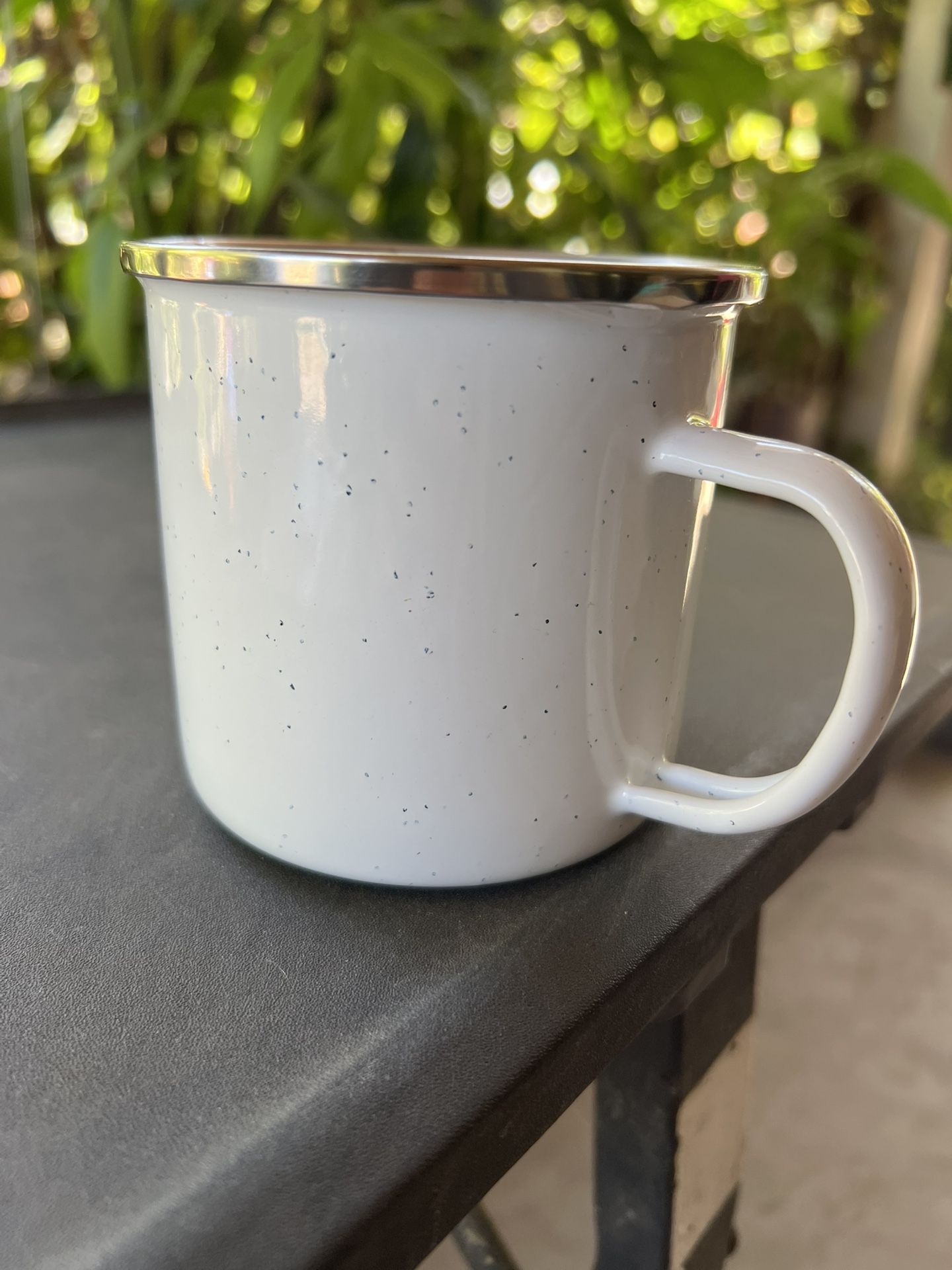 Enamel Mug White Camping Coffee Mug with Handle Silver Rim Portable Drinking Cup Metal Round Camp Enamel Cup for Tea and Hot Chocolate Christmas (16 o