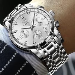 NEW Mens Luxury Wrist Watch, OLEVS Men’s Watch, Analog Quartz Stainless Steel Waterproof Chronograph Luminous !