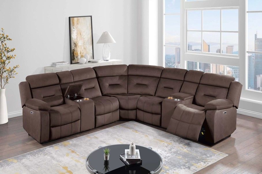 Brand New Brown Velvet Power Reclining Sectional Sofa 