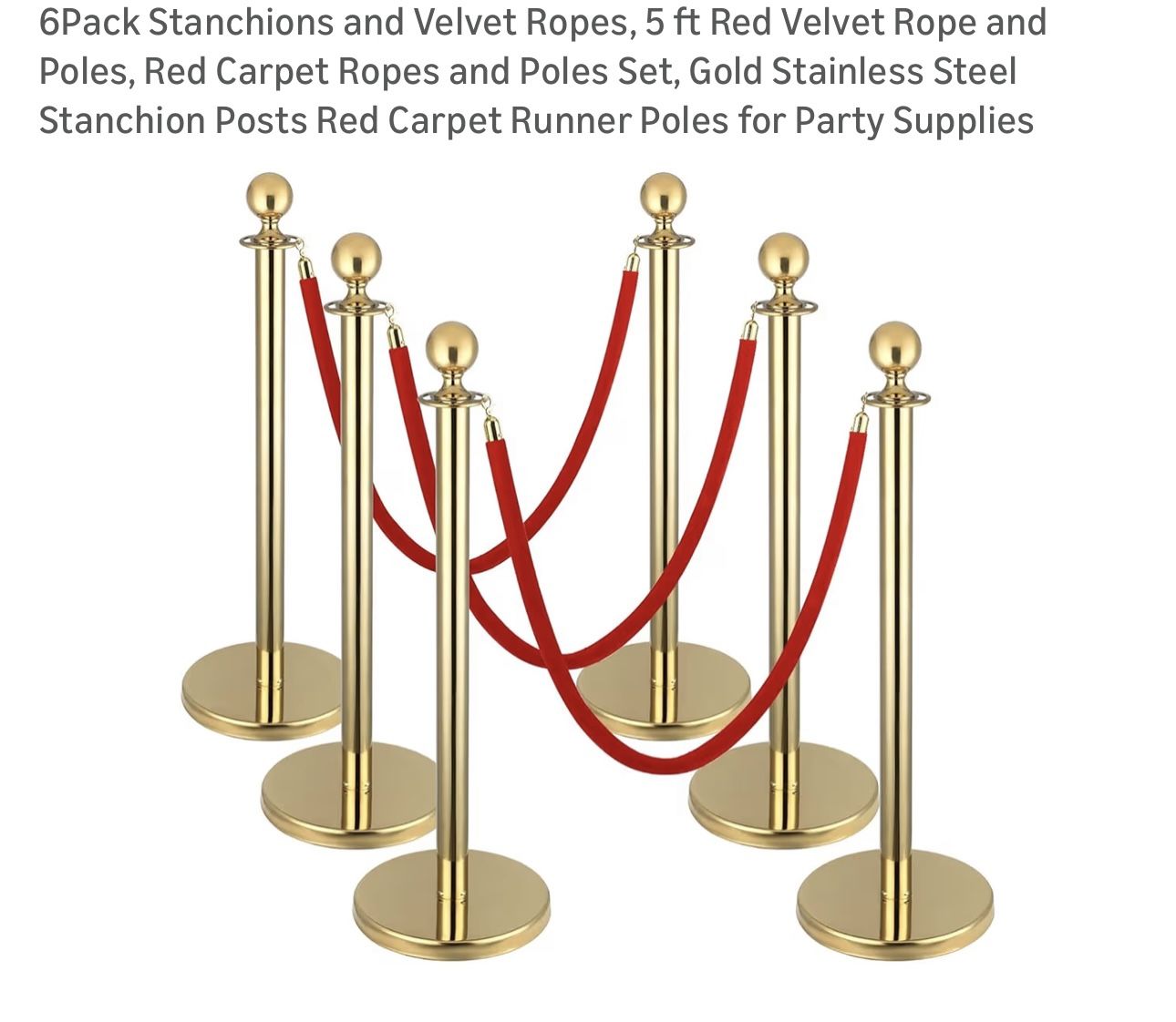 $100 Brand New 6Pack Stanchions and Velvet Ropes, 5 ft Red Velvet Rope and Poles, Red Carpet Ropes and Poles Set, Gold Stainless Steel Stanchion Posts