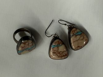 Vintage Sterling Silver Ring & Earring Set w/ Royston Ribbon Turquoise Inlay