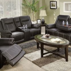 Black Leather Fully Reclining Three Piece Couch Set With Cup Holders 