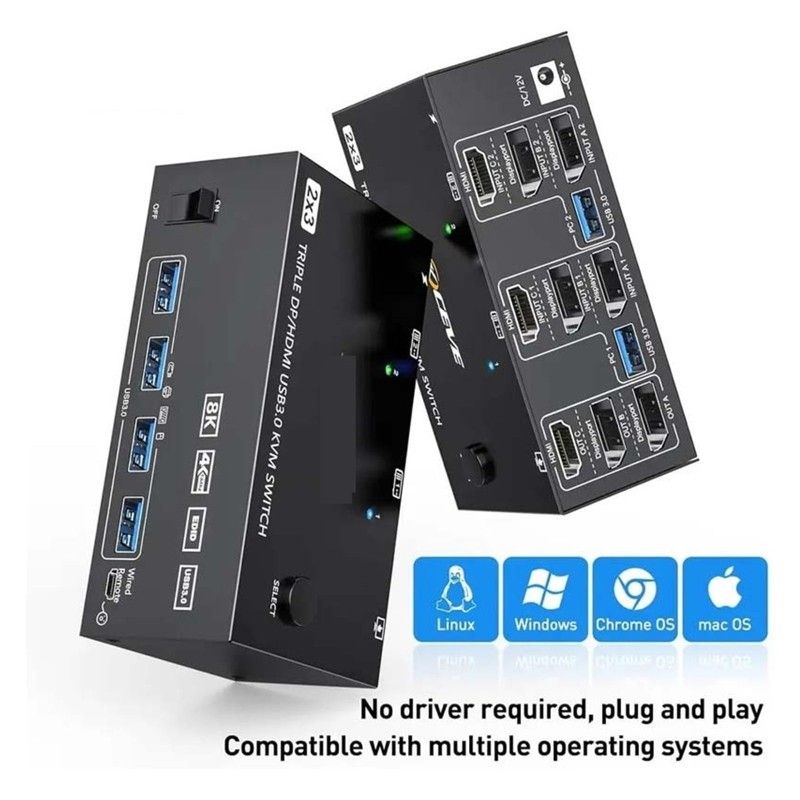 Triple Monitor Displayports USB KVM Switch 8K@60Hz 4K@144Hz 3 Monitors 2 Computers ,Highly Compatible