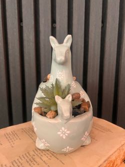 Vintage Ceramic Kangaroo & Joey Planter – Light Blue/Green Glaze with Floral Detail
