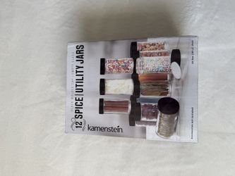 Kamenstein 12 Empty Glass Spice Jars with Black Caps & Shaker Lids - New