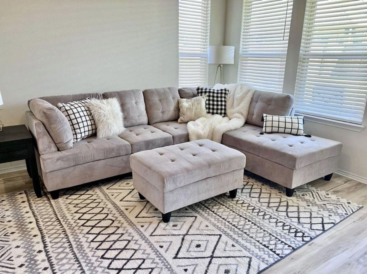 COSTCO Grey Chenille Sectional Couch And Ottoman