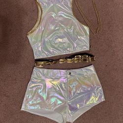 New Medium white iridescent top shorts set outfit festival rave gold cosplay