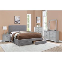 Brand new grey linen full size bed frame, dresser, mirror, nightstand, full mattress