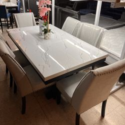 7 Pcs Dining Set Grey Great Quality Chairs + White Marble Table 