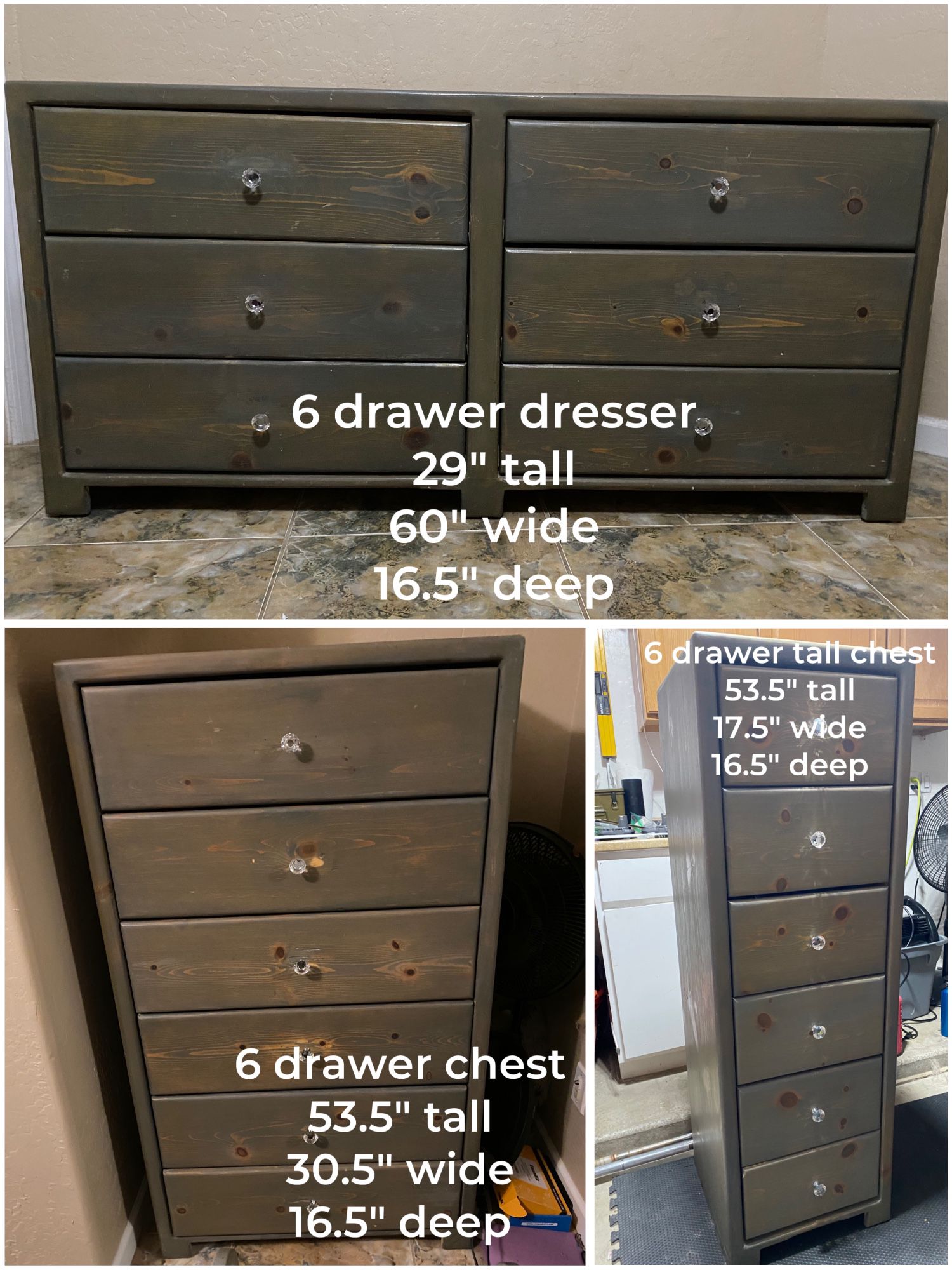 Set Of 3 Dressers Refinished In Blue Gray Wash And Rhinestone Pull Knobs