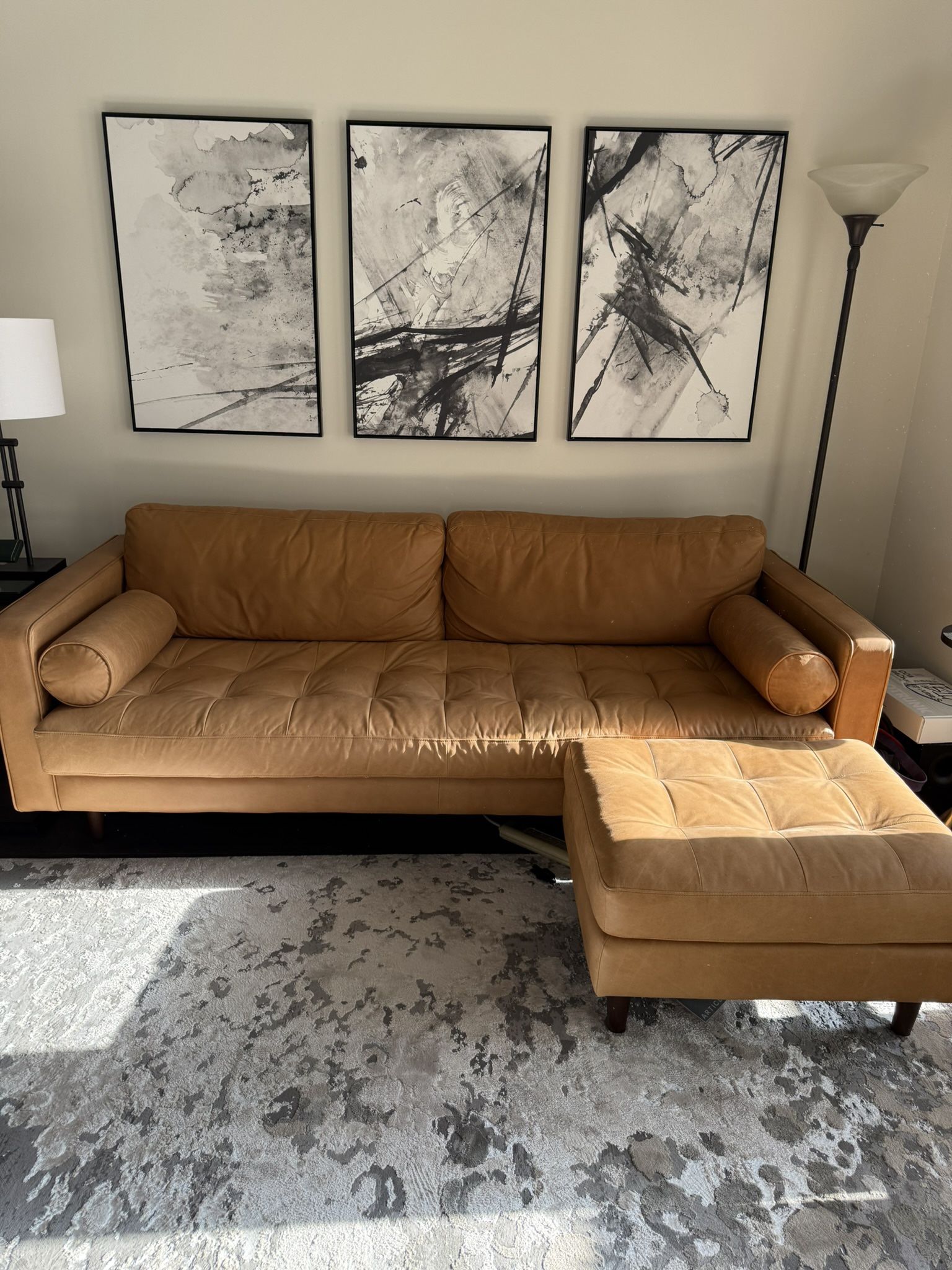 Article Sven 88" Tufted Leather Sofa - Charme Tan and Ottoman