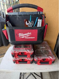 Milwaukee, packout, toolboxes, and tool bag used, but in good condition