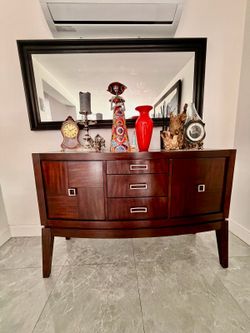 Contemporary Dark Espresso Wood Buffet / Credenza with Cracked Glass Inserts