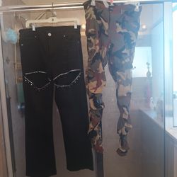 Black Rhinestone Jeans And Camouflage Pants Set 
