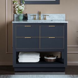 Venice-4221-Grey-Glod, Venice 42"x21"x33" Solid Wood Bath Vanities Side Cabinet in Grey and Gold Trim and Carrara Marble Vanity Top Cabinet with 3 Pre