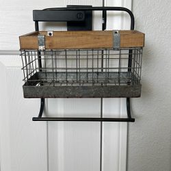 Industrial Farmhouse Style Bathroom Rack With Basket And Towel Bar Holder 