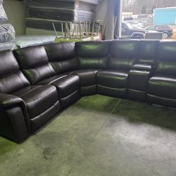 Brand New Lifestyle Top Grain Leather Dark Walnut Glove 6pc Dual Powered Reclining Sectional w USB/C