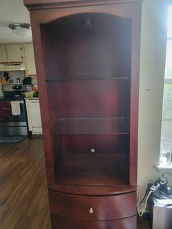 Tv stand with two side cabinets glass shelves and 2 drawers