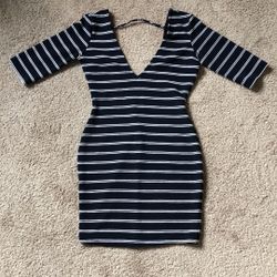 Small Navy And White Dress Backless Plunge