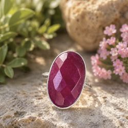 Faceted Kashmir Red Ruby Silver Ring Sz 9