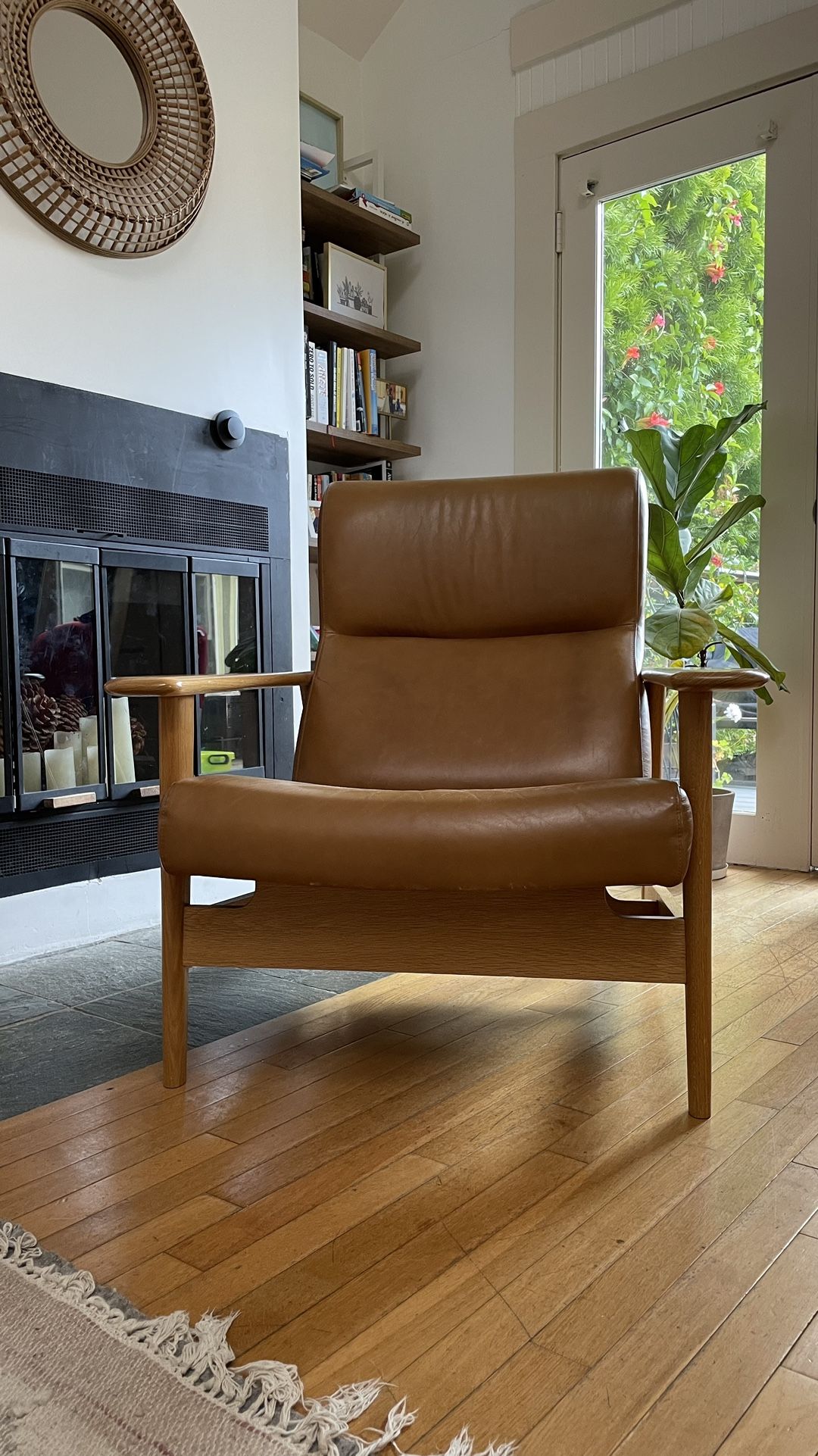 West Elm Mid-Century Show Wood High-Back Leather Chair