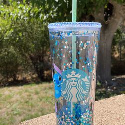  Starbucks Venti Stitch Snow-Globe Tumbler with Chunky Glitter & Polymer Clay 
