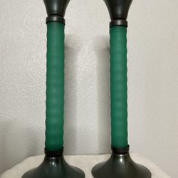 Vintage  MCM RETRO Pair  Green  Glass Candle Holders  MCM 