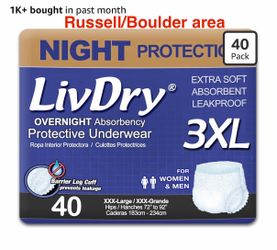 LivDry 3XL Overnight Adult Diapers for Women and Men, XXXL, 40ct. Russell/Boulder area